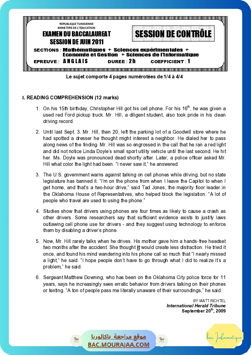 Sujet controle anglais Bac 2011 – Section info